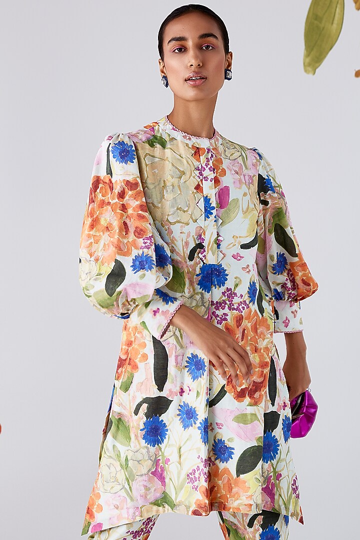 Multi-Colored Chanderi Printed High-Low Kurta Set by Ridhi Mehra Pret at Pernia's Pop Up Shop