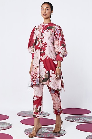 Red Chanderi Printed High-Low Kurta Set by Ridhi Mehra Pret