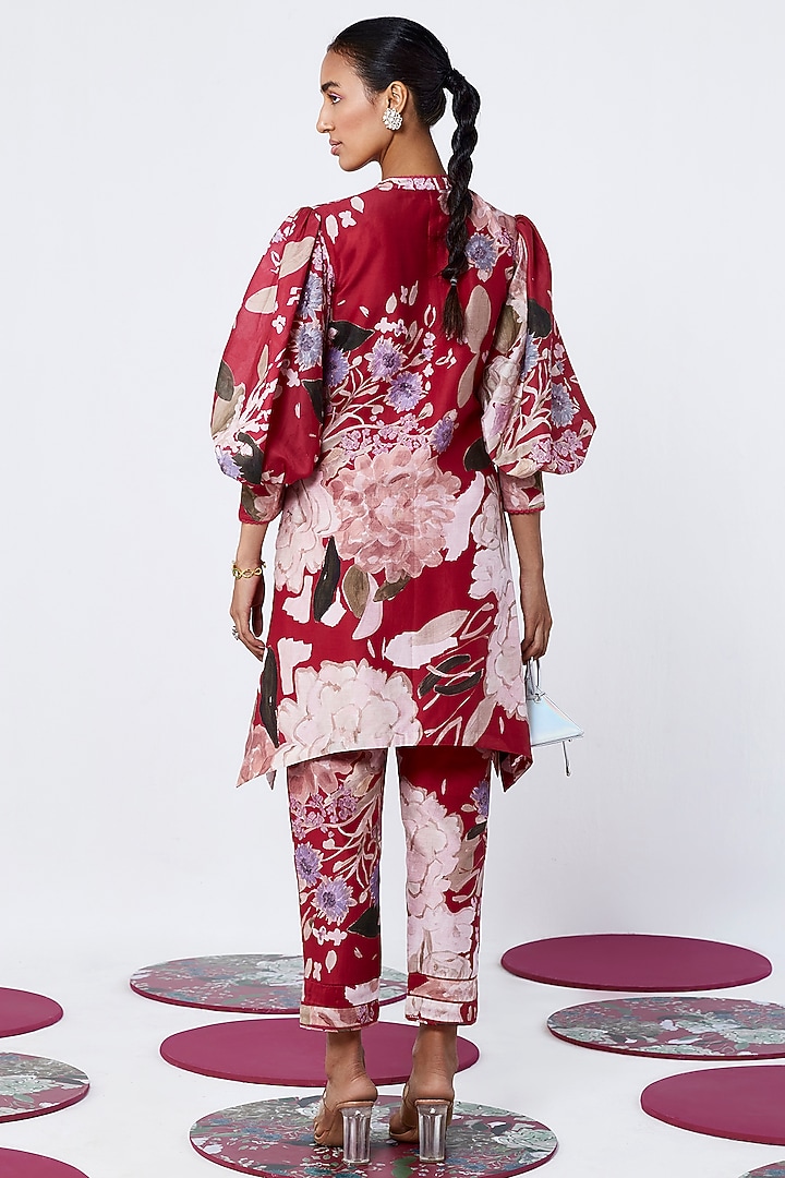 Red Chanderi Printed High-Low Kurta Set by Ridhi Mehra Pret at Pernia's Pop Up Shop