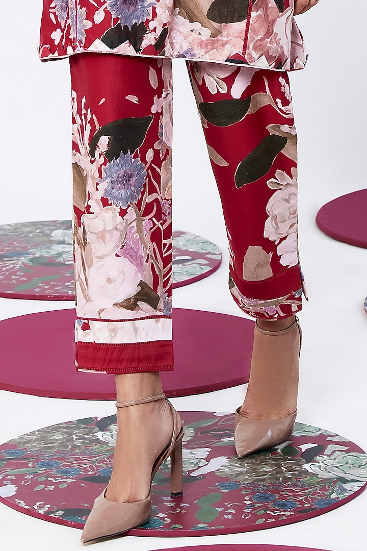Red Chanderi Printed High-Low Kurta Set by Ridhi Mehra Pret at Pernia's Pop Up Shop