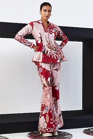 Red Chanderi Pant Set by Ridhi Mehra Pret