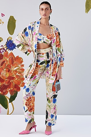 Multi-Colored Chanderi Cape Set by Ridhi Mehra Pret