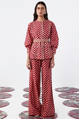 Red Chanderi Printed Co-Ord Set by Ridhi Mehra Pret