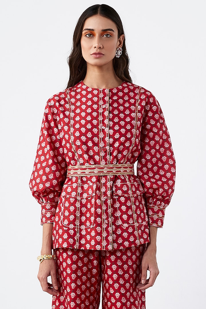 Red Chanderi Printed Co-Ord Set by Ridhi Mehra Pret at Pernia's Pop Up Shop