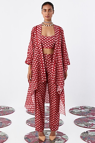 Red Chanderi Printed Cape Set by Ridhi Mehra Pret