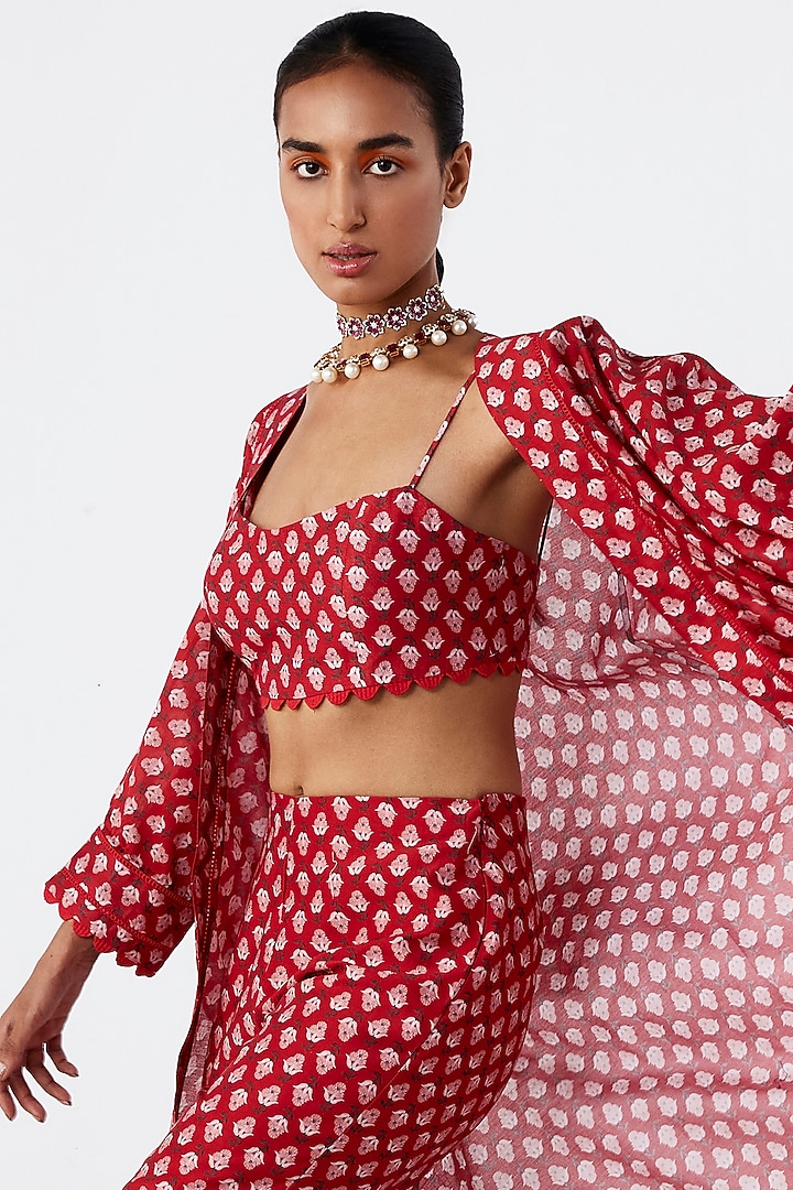 Red Chanderi Printed Cape Set by Ridhi Mehra Pret at Pernia's Pop Up Shop