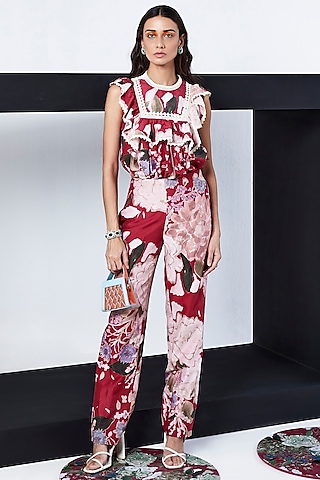 Red Chanderi Printed Co-Ord Set by Ridhi Mehra Pret