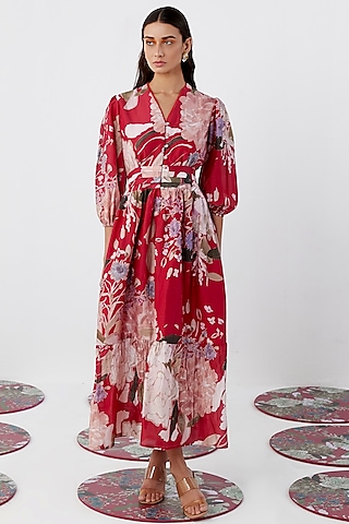 Red Chanderi Printed Maxi Dress by Ridhi Mehra Pret