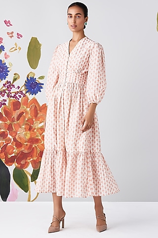 Ivory Chanderi Printed Maxi Dress by Ridhi Mehra Pret