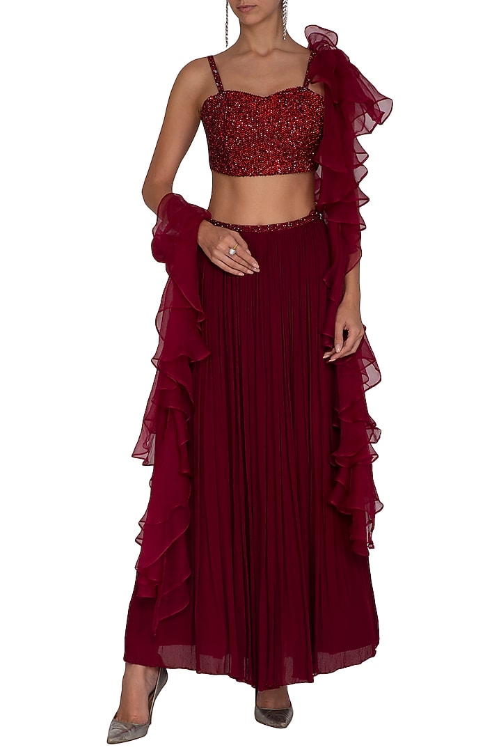 Maroon Embellished & Ruffled Wedding Lehenga Set by Ruhmahsa at Pernia's Pop Up Shop