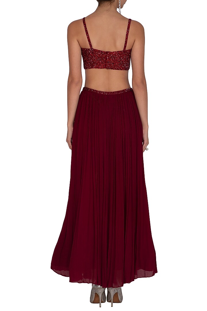 Maroon Embellished & Ruffled Wedding Lehenga Set by Ruhmahsa at Pernia's Pop Up Shop