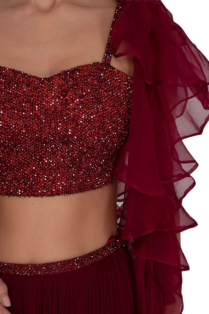 Maroon Embellished & Ruffled Wedding Lehenga Set by Ruhmahsa at Pernia's Pop Up Shop