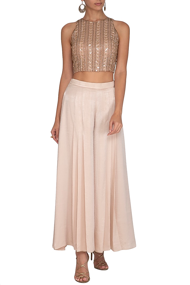 Old Rose Embellished Crop Top With Flared Pants by Ruhmahsa at Pernia's Pop Up Shop