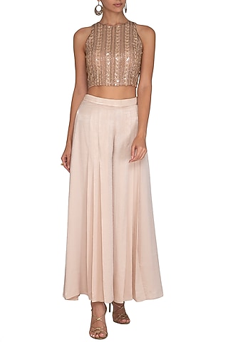 Old Rose Embellished Crop Top With Flared Pants by Ruhmahsa