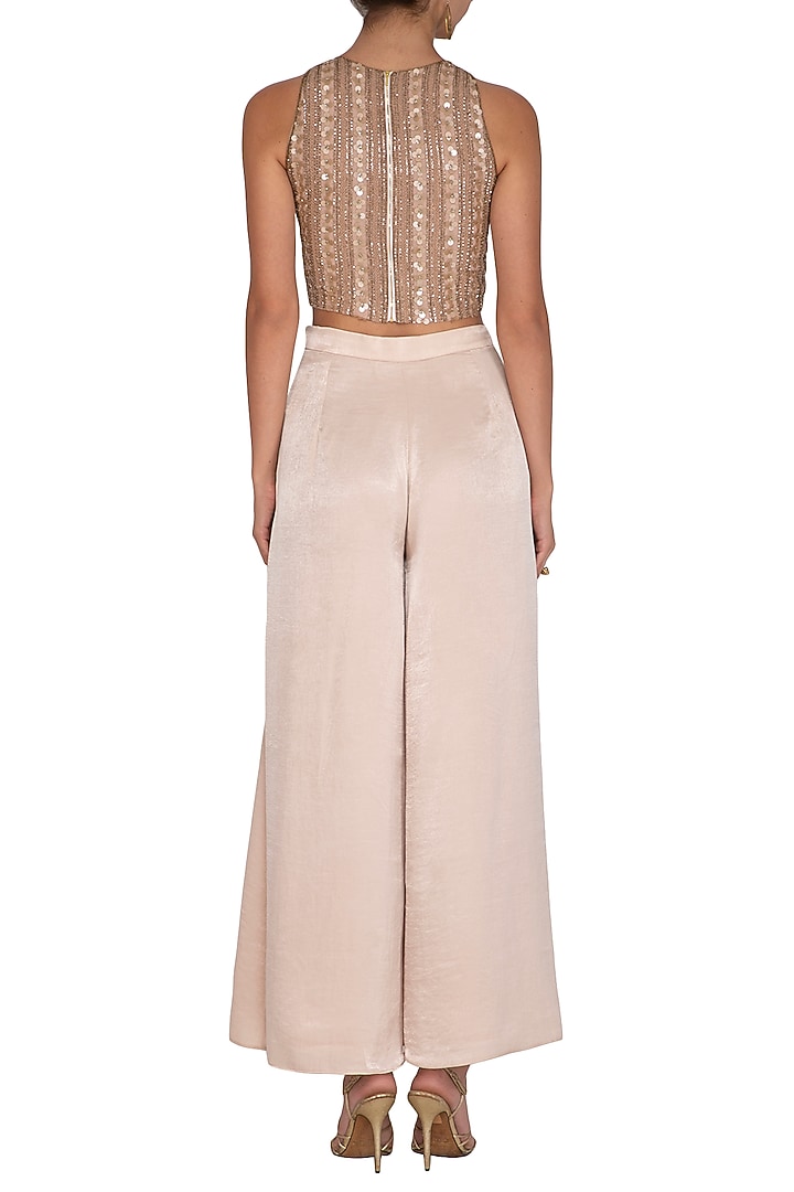 Old Rose Embellished Crop Top With Flared Pants by Ruhmahsa at Pernia's Pop Up Shop