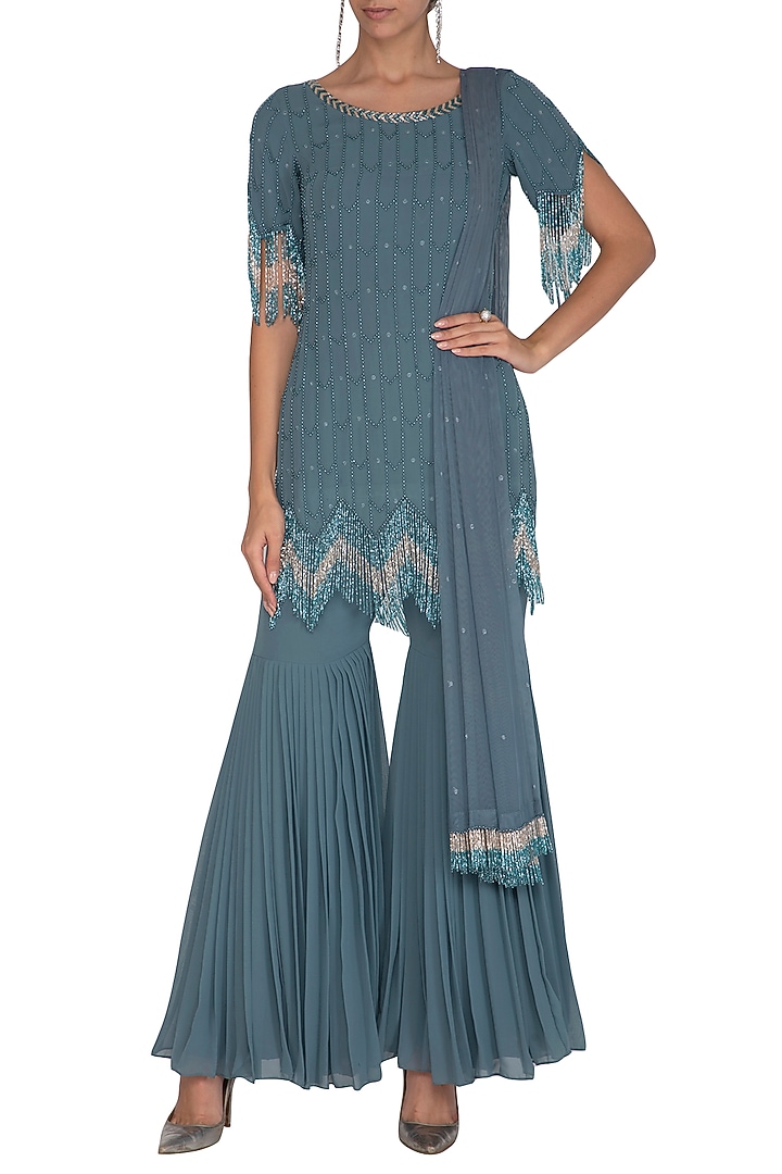 Steal Blue Embellished Gharara Set by Ruhmahsa at Pernia's Pop Up Shop