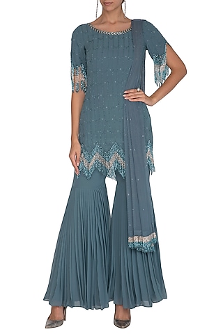 Steal Blue Embellished Gharara Set by Ruhmahsa