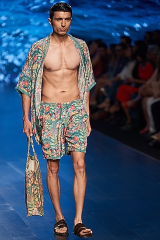 Tiffany Blue Tropical Printed Co-Ord Set by Rishi & Vibhuti Men