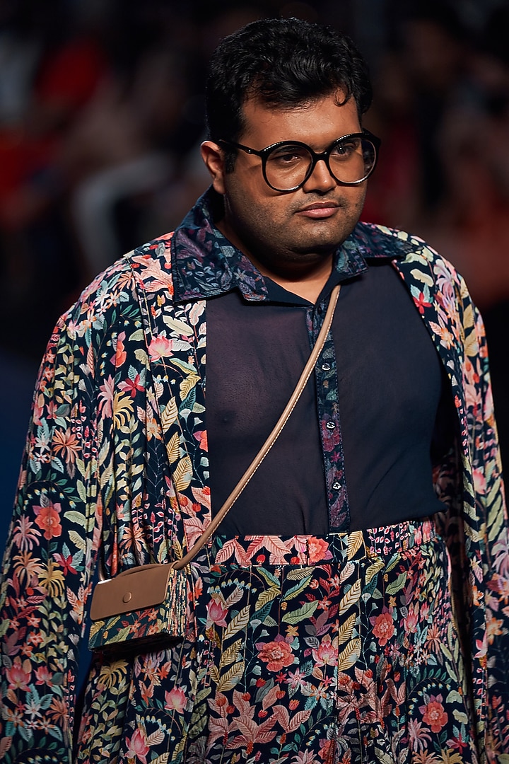 Persian Blue Floral Printed Jacket Set by Rishi & Vibhuti Men at Pernia's Pop Up Shop
