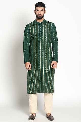 Bottle Green Embroidered Kurta by Rishi & Vibhuti Men