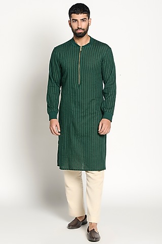 Bottle Green Linen Kurta by Rishi & Vibhuti Men