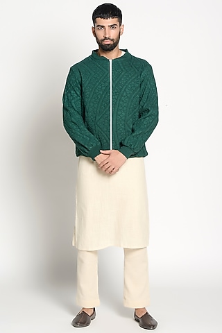 Ivory Linen Kurta With Bomber Jacket by Rishi & Vibhuti Men