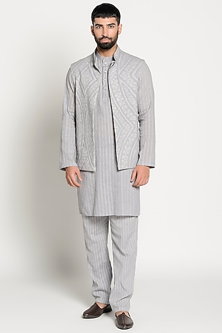 Dusky Grey Linen Kurta With Jacket by Rishi & Vibhuti Men