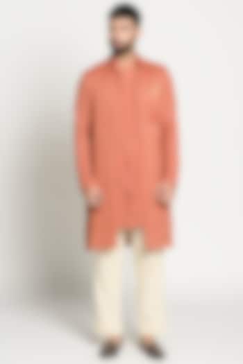 Rust Orange Linen Kurta With Jacket by Rishi & Vibhuti Men