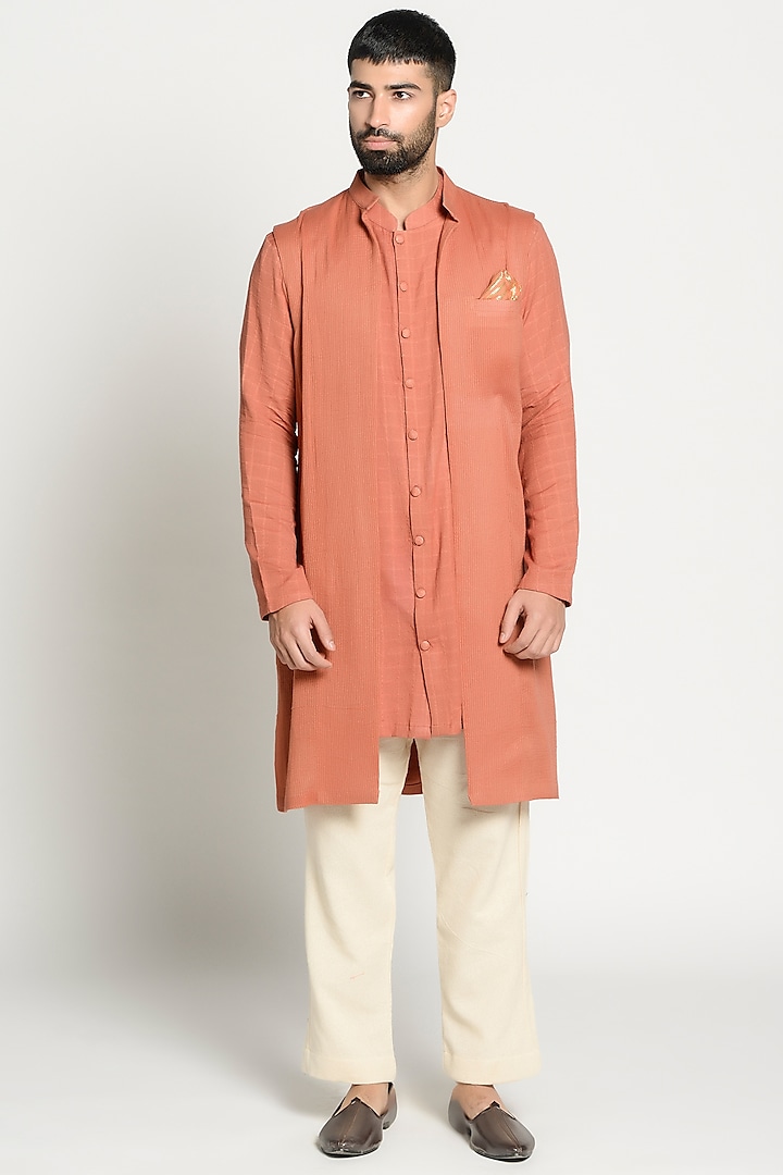 Rust Orange Linen Kurta With Jacket by Rishi & Vibhuti Men