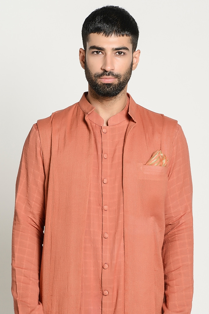 Rust Orange Linen Kurta With Jacket by Rishi & Vibhuti Men at Pernia's Pop Up Shop