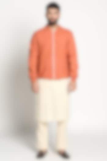 Rust Orange Linen Bomber Jacket by Rishi & Vibhuti Men