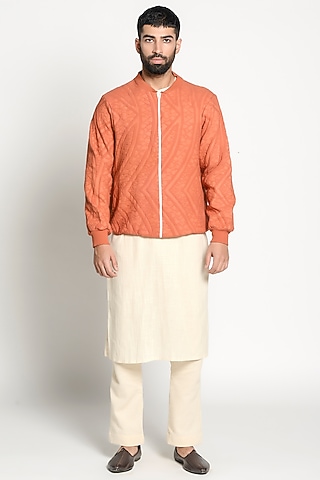 Rust Orange Linen Bomber Jacket by Rishi & Vibhuti Men
