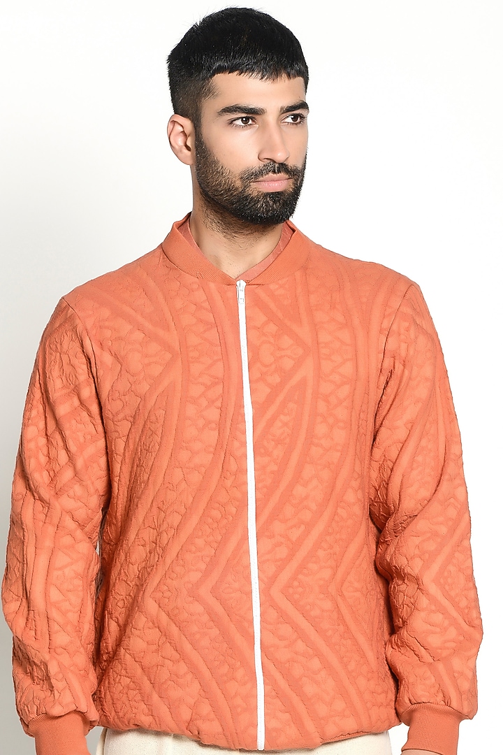 Rust Orange Linen Bomber Jacket by Rishi & Vibhuti Men at Pernia's Pop Up Shop