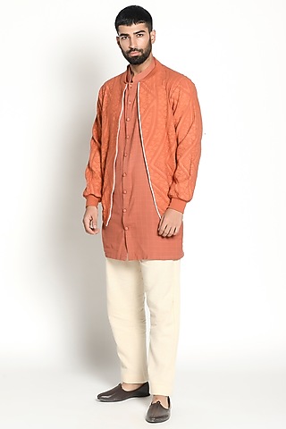 Rust Red Checkered Kurta With Bomber Jacket by Rishi & Vibhuti Men