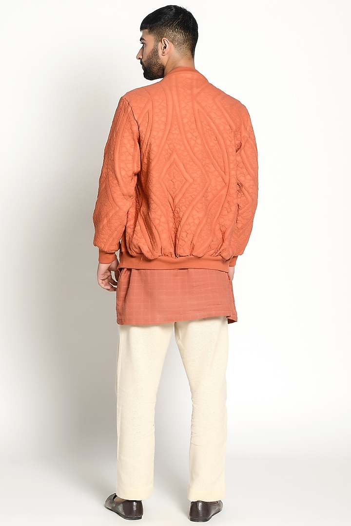 Rust Red Checkered Kurta With Bomber Jacket by Rishi & Vibhuti Men at Pernia's Pop Up Shop