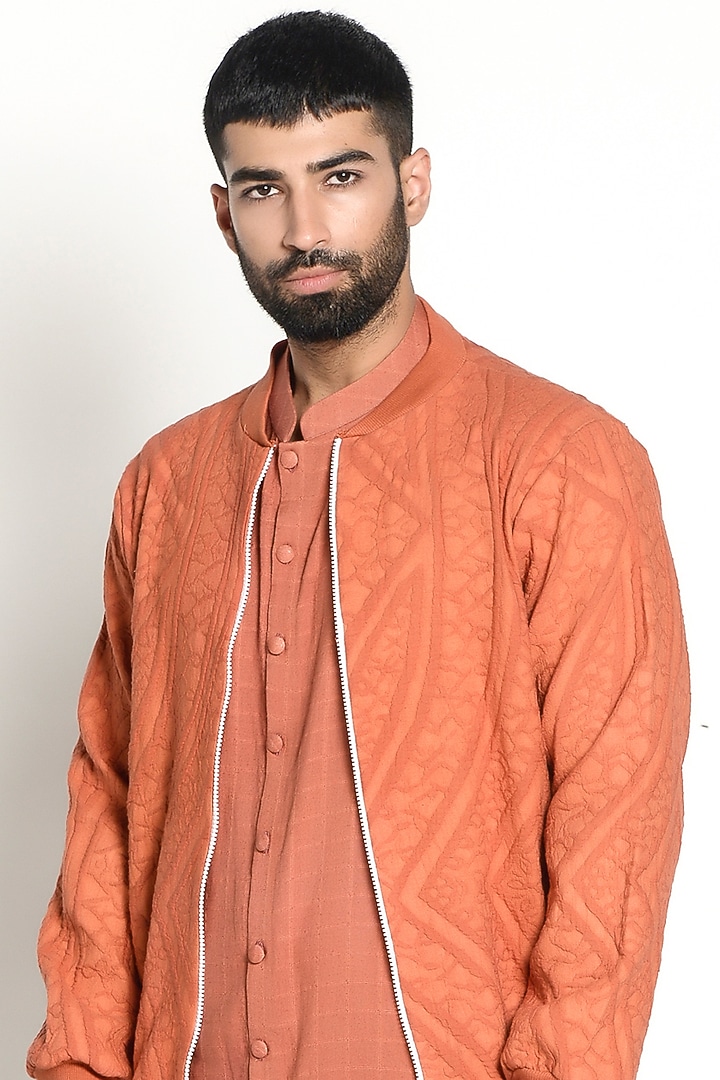 Rust Red Checkered Kurta With Bomber Jacket by Rishi & Vibhuti Men at Pernia's Pop Up Shop