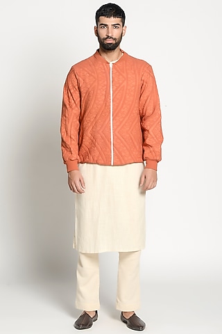 Ivory Linen Kurta With Printed Bomber Jacket by Rishi & Vibhuti Men