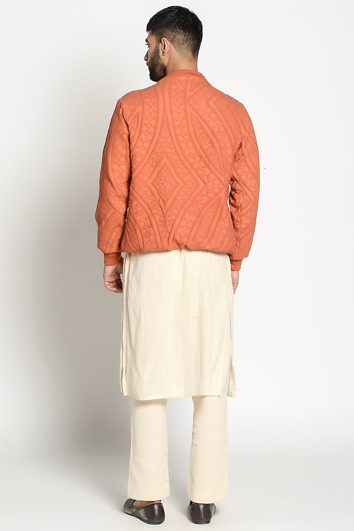 Ivory Linen Kurta With Printed Bomber Jacket by Rishi & Vibhuti Men at Pernia's Pop Up Shop