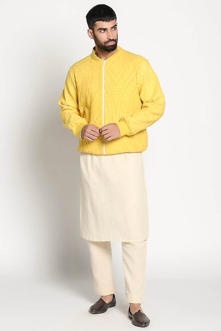 Ivory Kurta With Cadmium Yellow Bomber Jacket by Rishi & Vibhuti Men