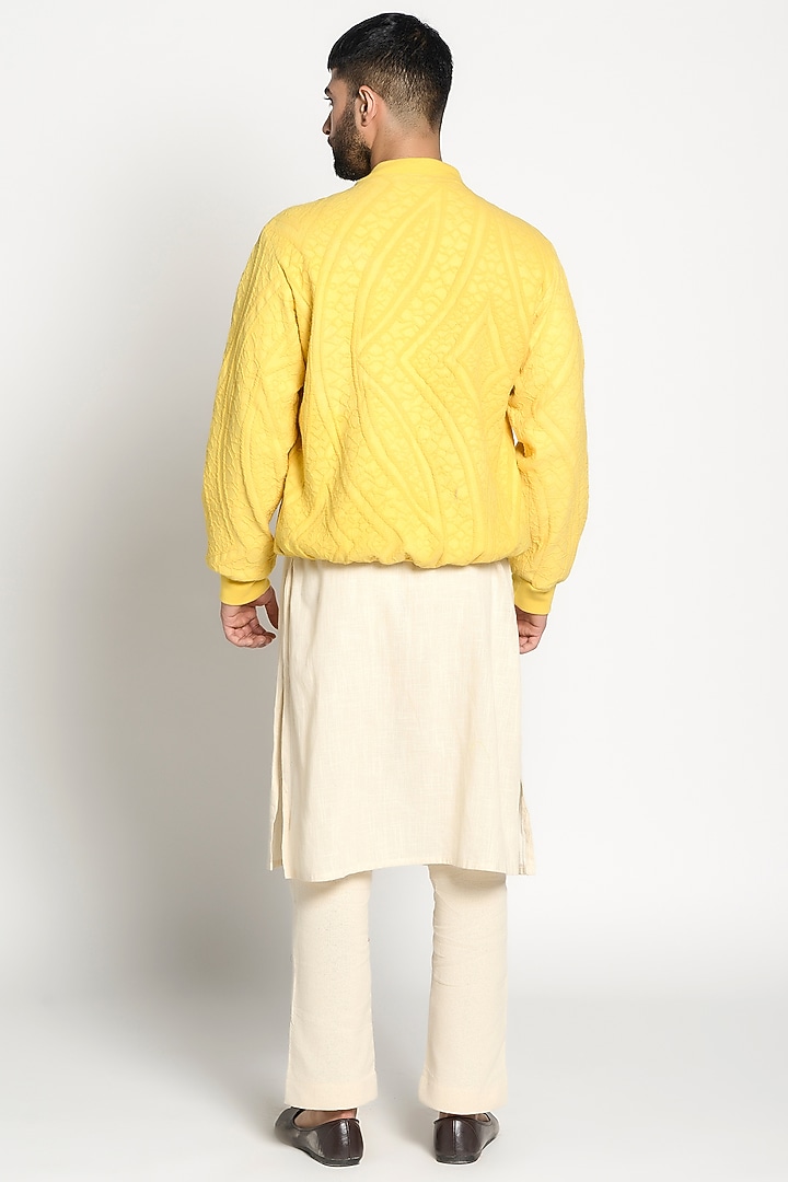 Ivory Kurta With Cadmium Yellow Bomber Jacket by Rishi & Vibhuti Men at Pernia's Pop Up Shop