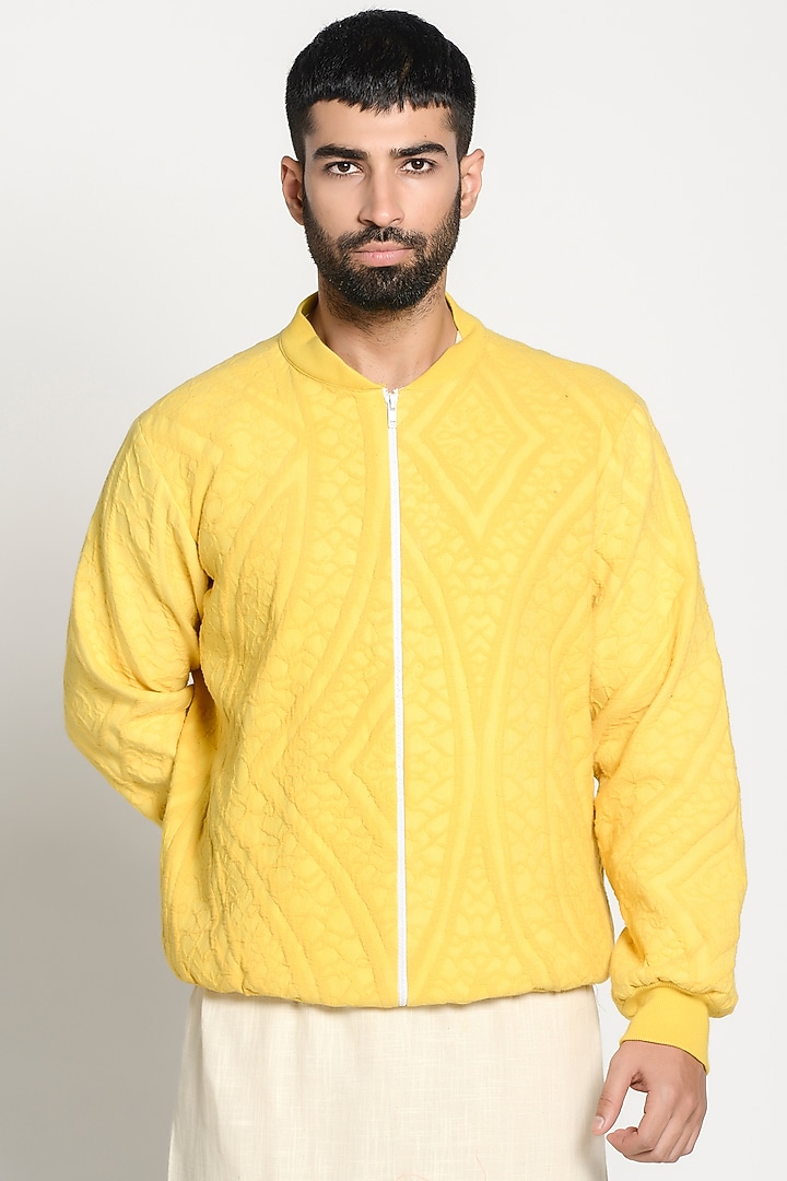Ivory Kurta With Cadmium Yellow Bomber Jacket by Rishi & Vibhuti Men at Pernia's Pop Up Shop