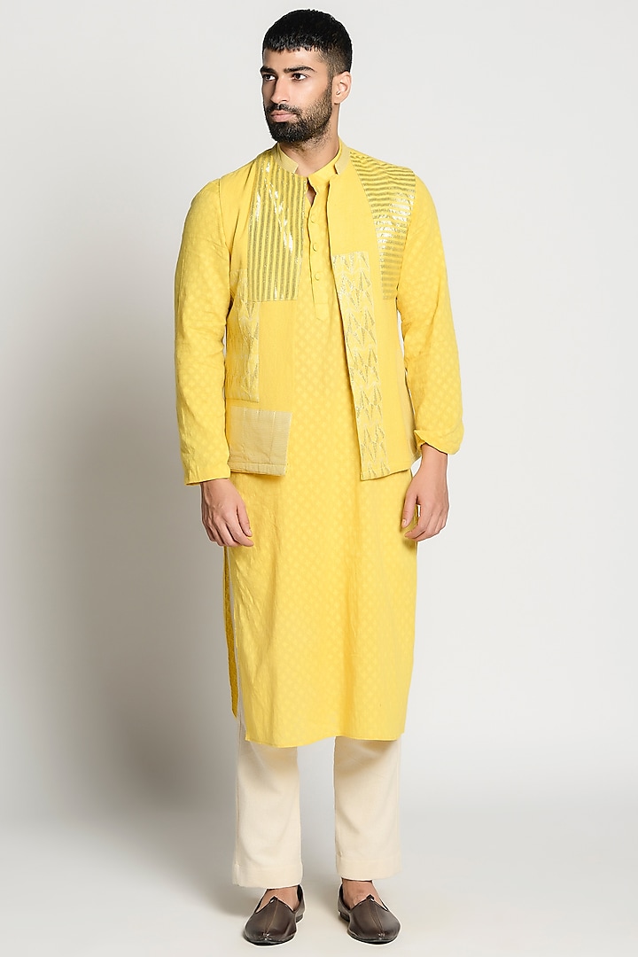 Cadmium Yellow Linen Kurta With Jacket by Rishi & Vibhuti Men