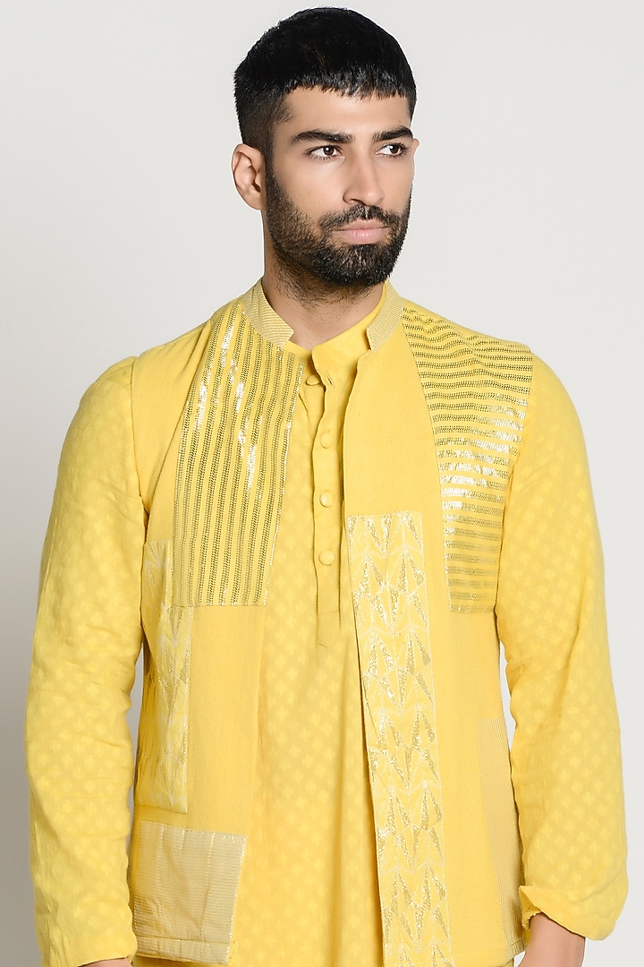 Cadmium Yellow Linen Kurta With Jacket by Rishi & Vibhuti Men at Pernia's Pop Up Shop