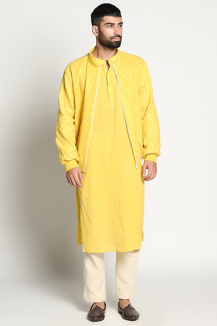 Cadmium Yellow Linen Kurta With Bomber Jacket by Rishi & Vibhuti Men