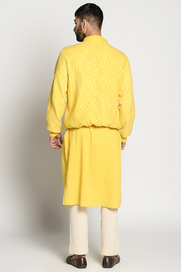 Cadmium Yellow Linen Kurta With Bomber Jacket by Rishi & Vibhuti Men at Pernia's Pop Up Shop