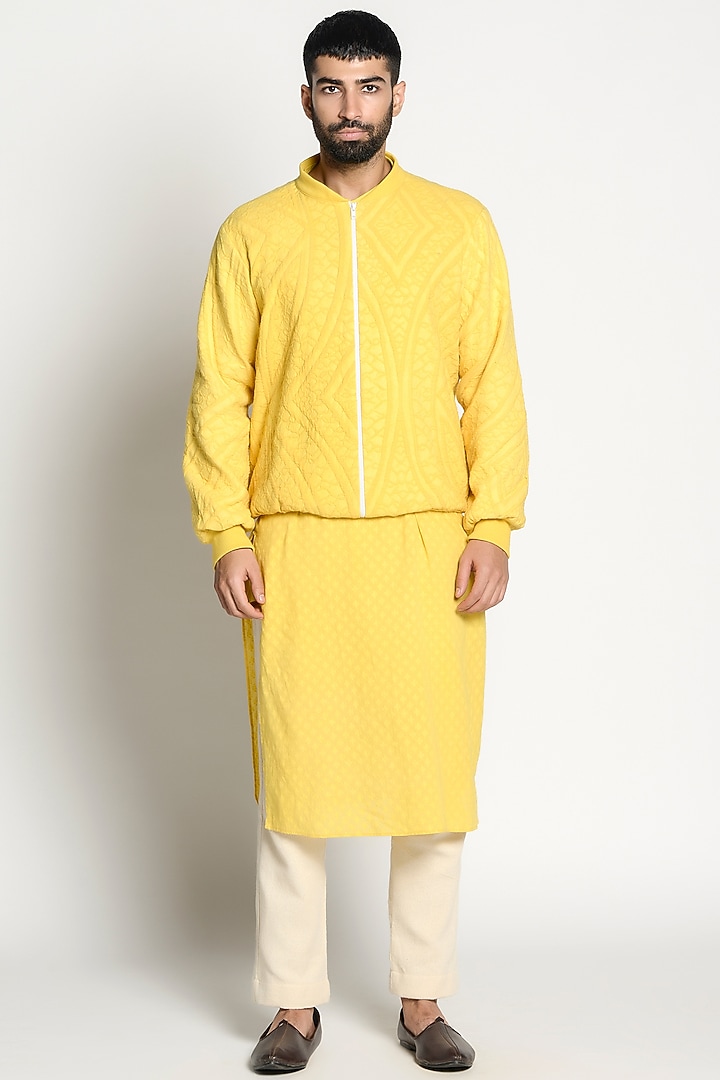 Cadmium Yellow Linen Kurta With Bomber Jacket by Rishi & Vibhuti Men at Pernia's Pop Up Shop