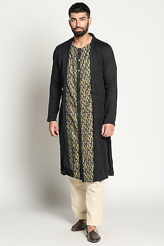 Black & Gold Linen Jacket Kurta by Rishi & Vibhuti Men