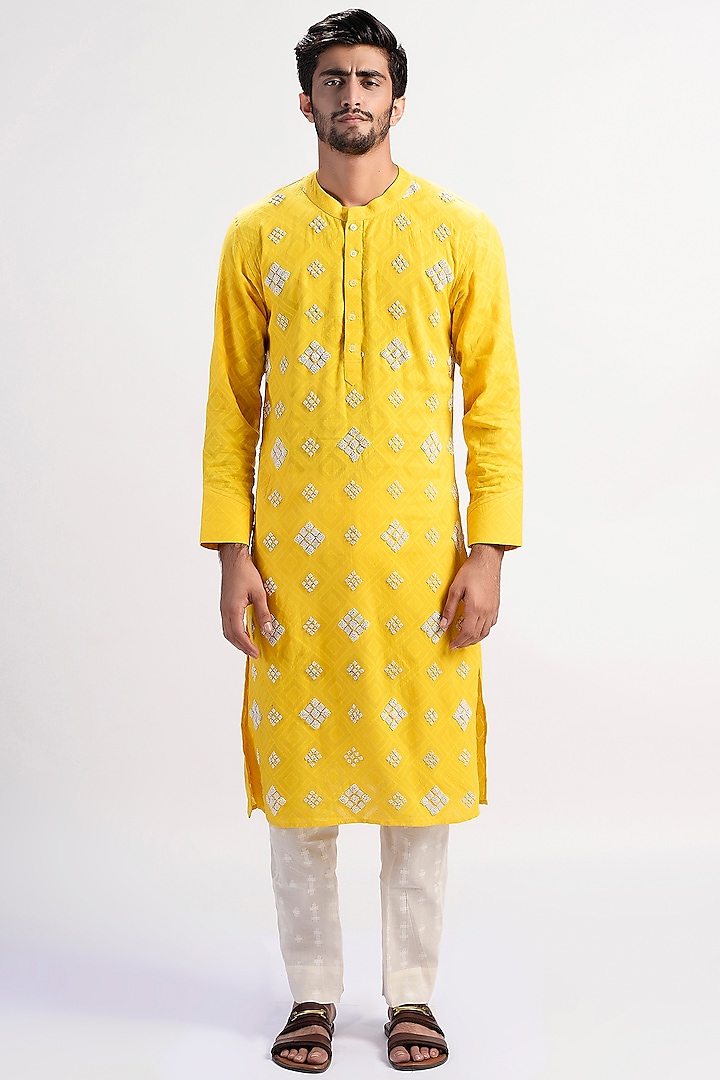 Yellow Pearl Embroidered Kurta by Rishi & Vibhuti Men