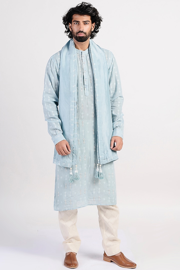 Icy Blue Embroidered Kurta With Scarf by Rishi & Vibhuti Men at Pernia's Pop Up Shop