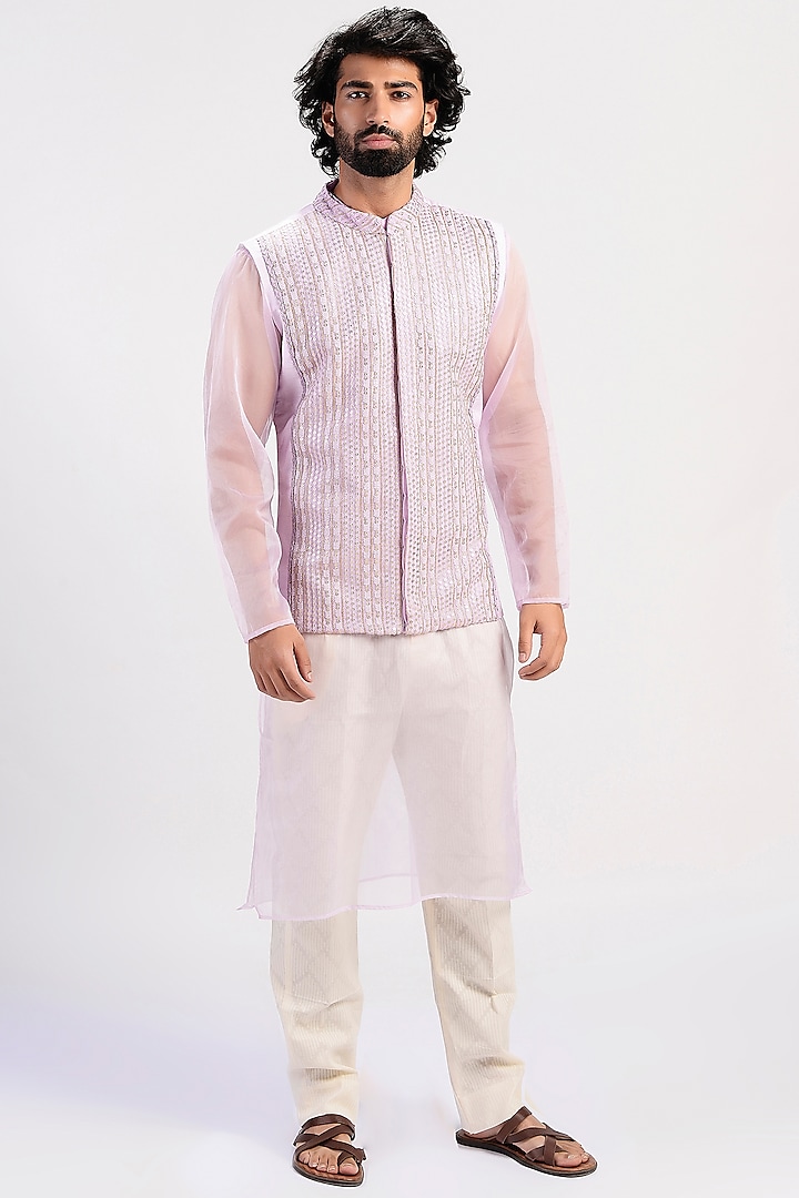 Lavender Embroidered Jacket Set by Rishi & Vibhuti Men
